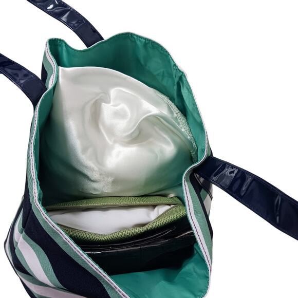 Estee Lauder Summer Tote Bag Large GREEN BLUE Striped Preppy Travel Office Beach - Picture 5 of 11